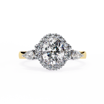 1.00 Ct Oval Diamond Halo Ring with Pear & Round Side Stones – IGI Certified | Luxury Gold & Silver Engagement Ring