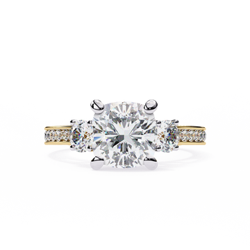 2.50 Ct Cushion Diamond Three-Stone Engagement Ring with Round Side Stones – IGI Certified | Luxury Gold & Silver Bridal Ring