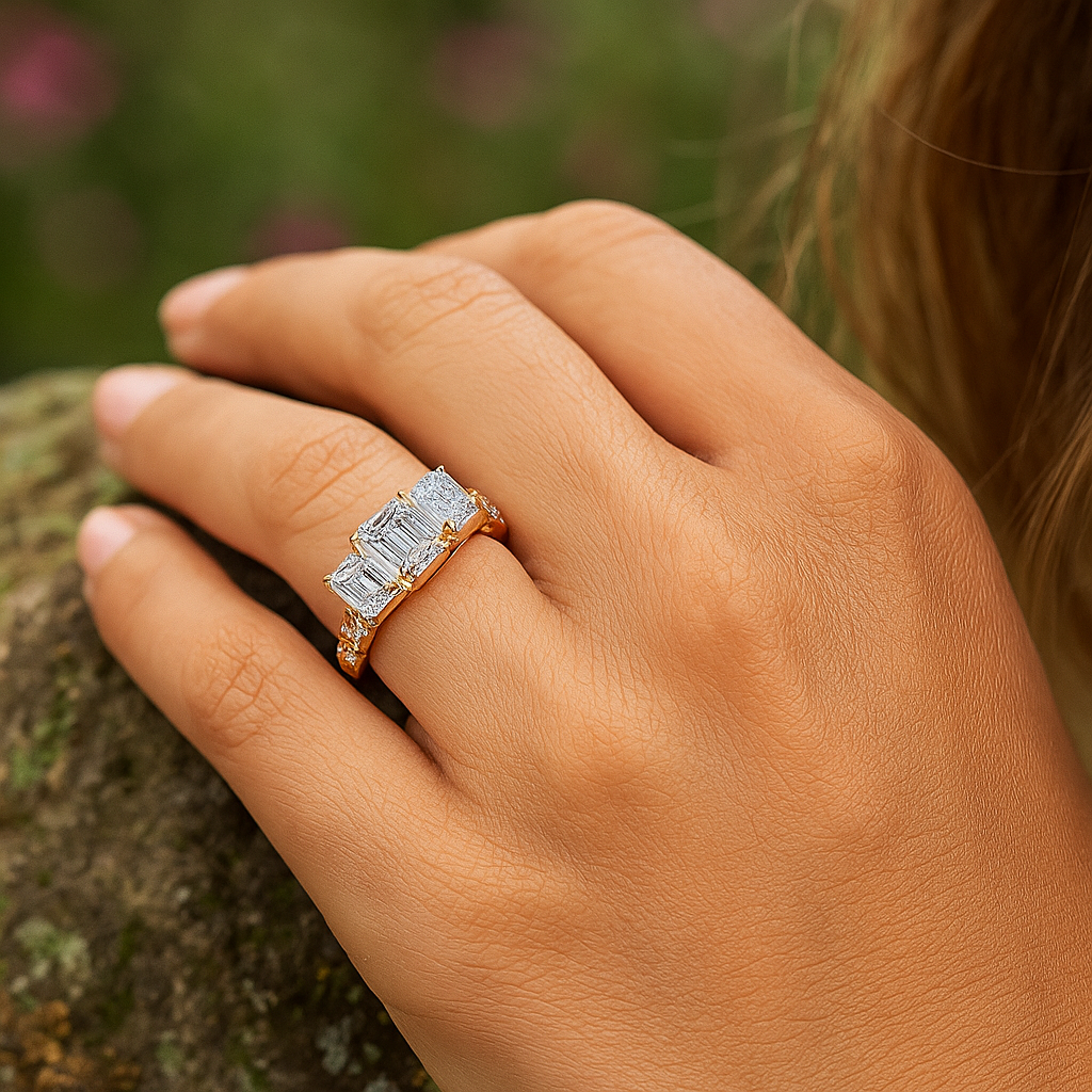 Emerald Cut Three-Stone Lab Grown Diamond Ring with Round Accents – IGI Certified