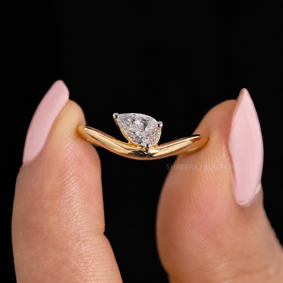 0.50 Carat Pear Shaped Lab Grown Diamond Ring, Curved Band Ring