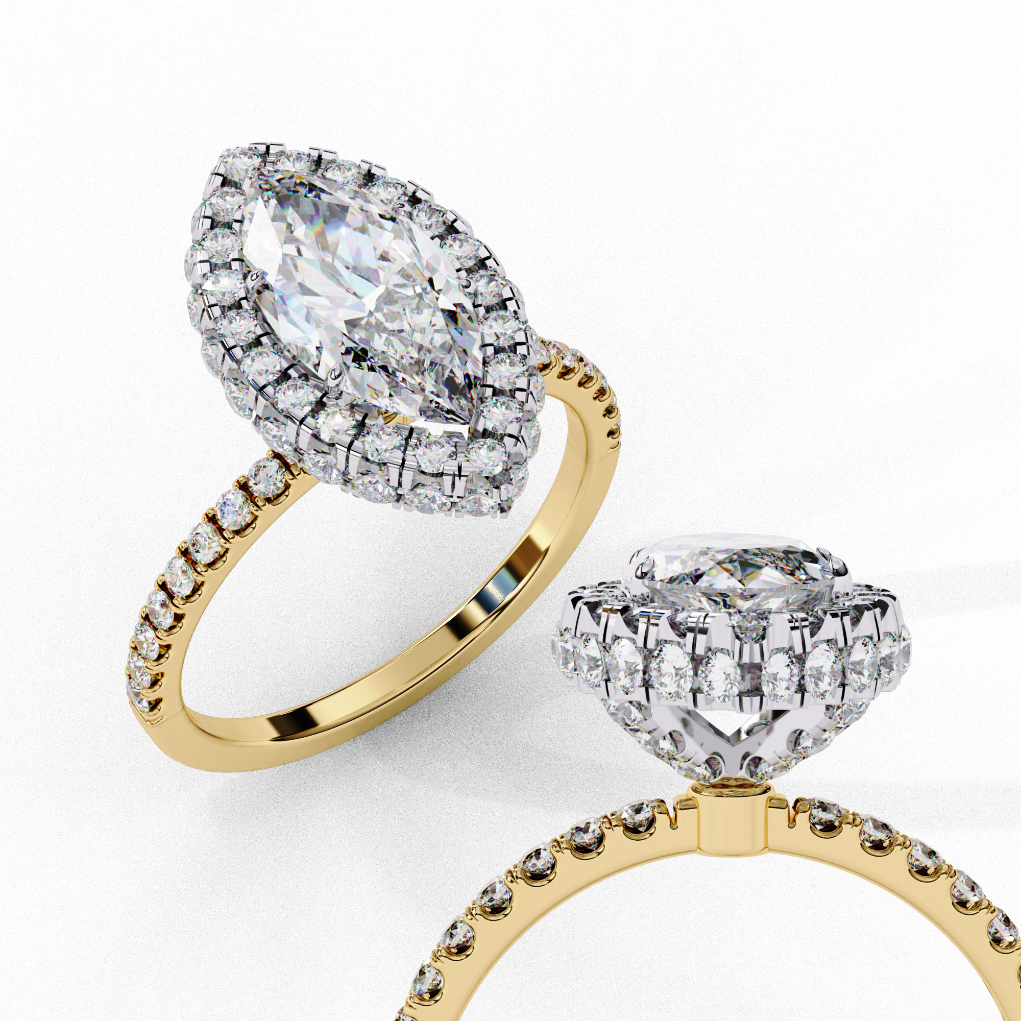 Exquisite Marquise-Cut Double Halo Diamond Ring with Pave Band