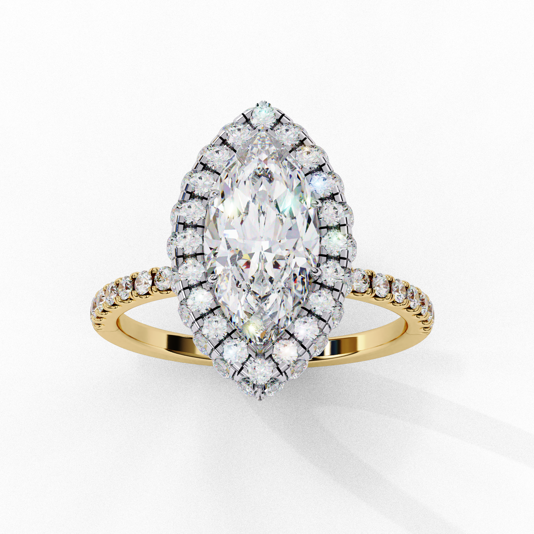 Exquisite Marquise-Cut Double Halo Diamond Ring with Pave Band