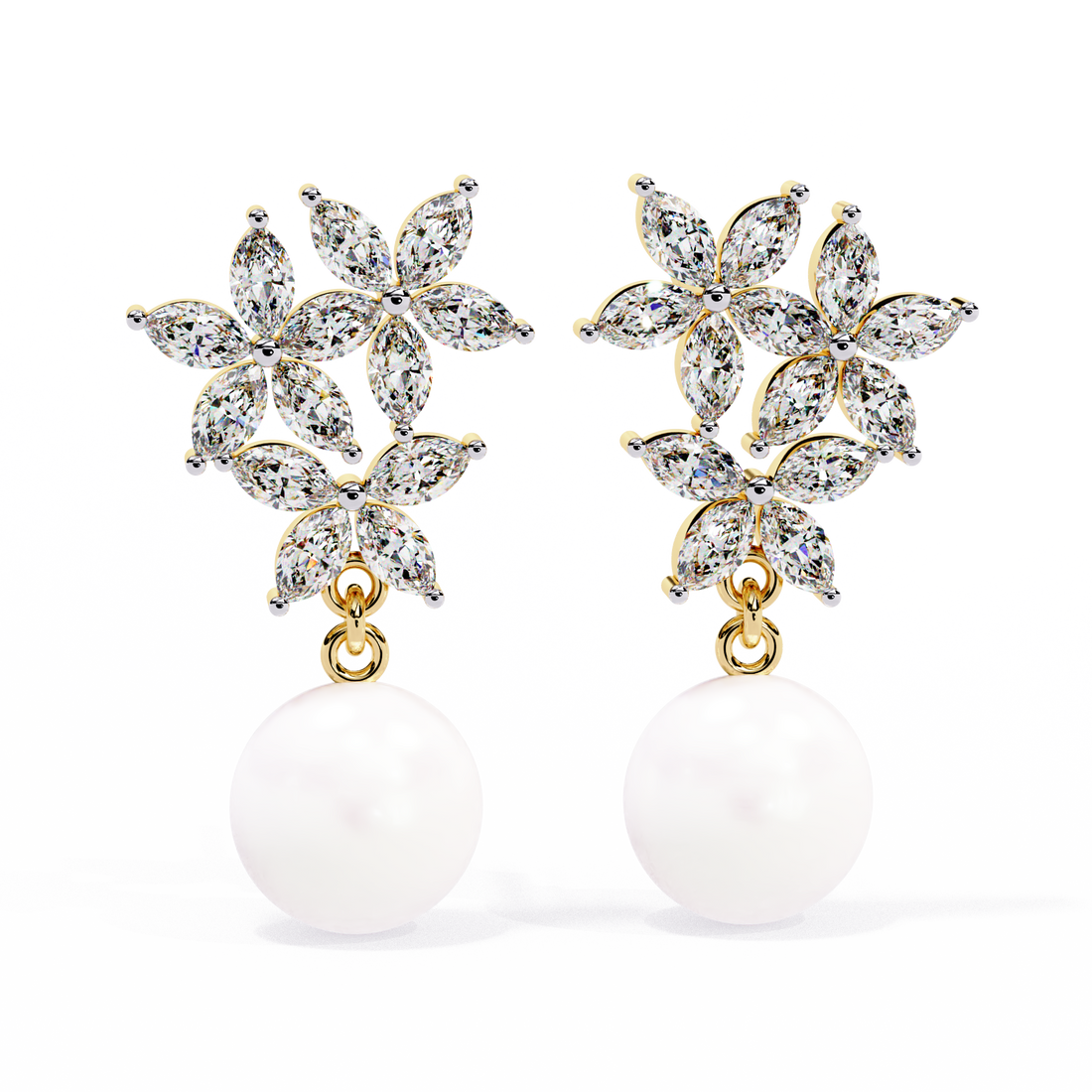 Floral Diamond & Pearl Drop Earrings – Timeless Elegance