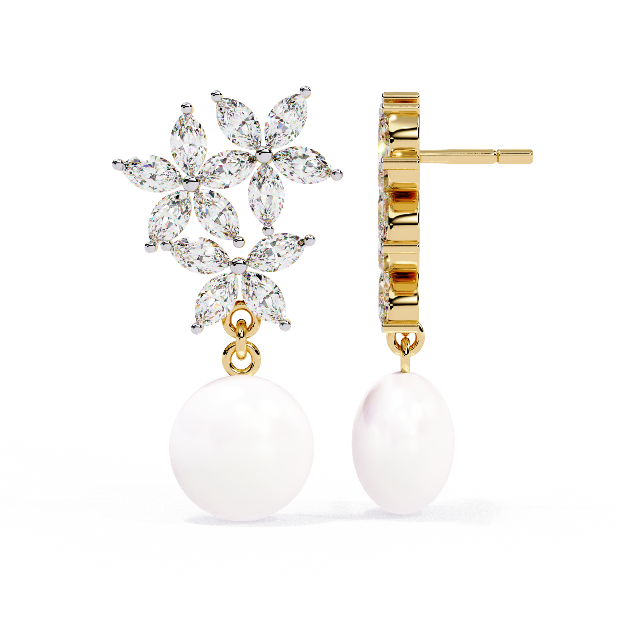 Floral Diamond & Pearl Drop Earrings – Timeless Elegance