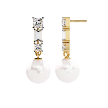 🌟Princess & Baguette Diamond Drop Earrings with White Pearl🌟