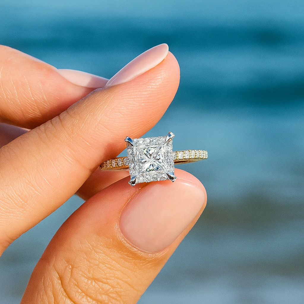 2.00 Carat Princess Cut Diamond Halo Engagement Ring with Pave Band | IGI Certified E/F VVS/VS