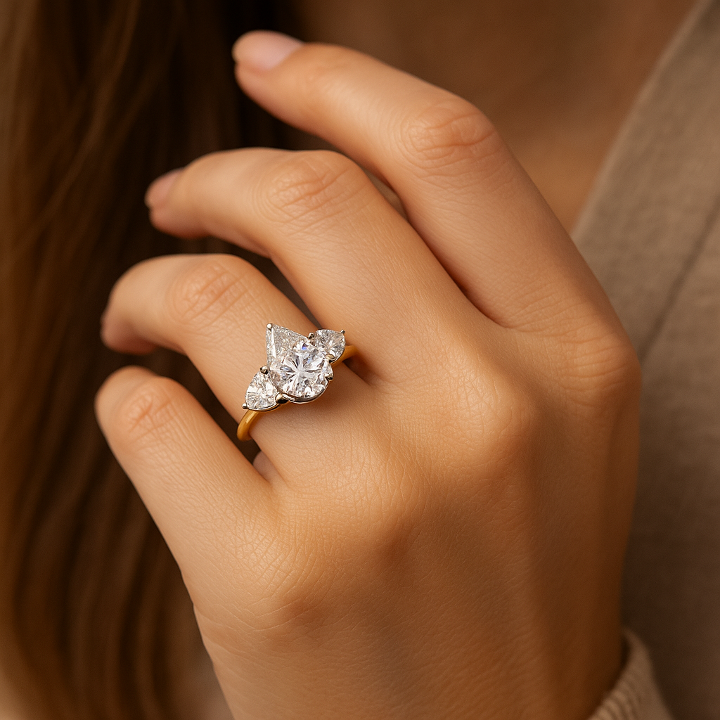 2.00 Ct Pear Cut Diamond Engagement Ring with Half-Moon Side Stones – IGI Certified