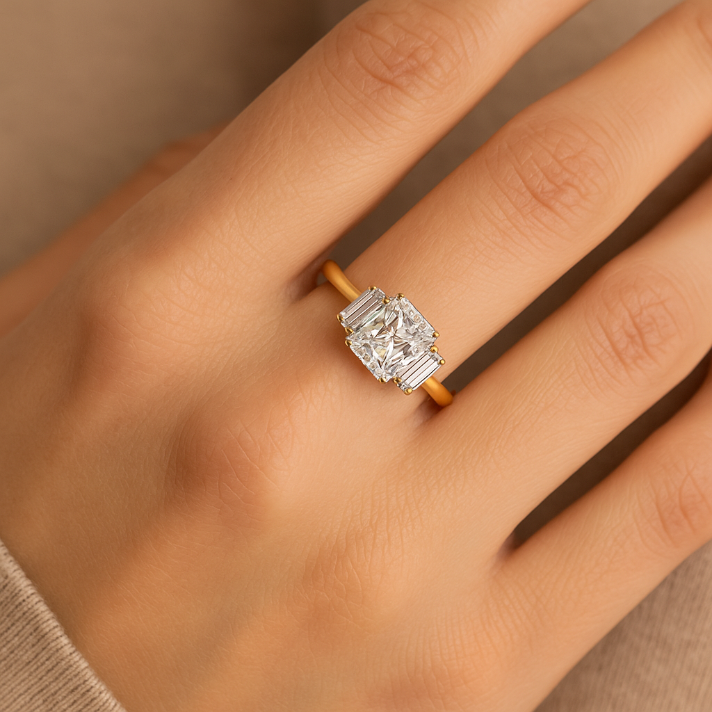 1.00 Ct Radiant Cut Diamond Engagement Ring with Baguette Side Stones – IGI Certified