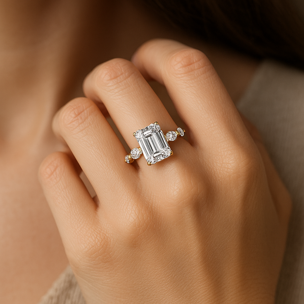 2.00 Ct Emerald Cut Diamond Ring with Marquise & Round Side Stones – IGI Certified