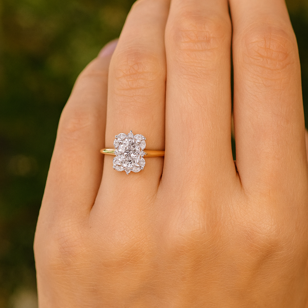 1.00 Ct Oval Diamond Halo Ring with Marquise & Round Accents – IGI Certified | Unique Gold & Silver Engagement Ring