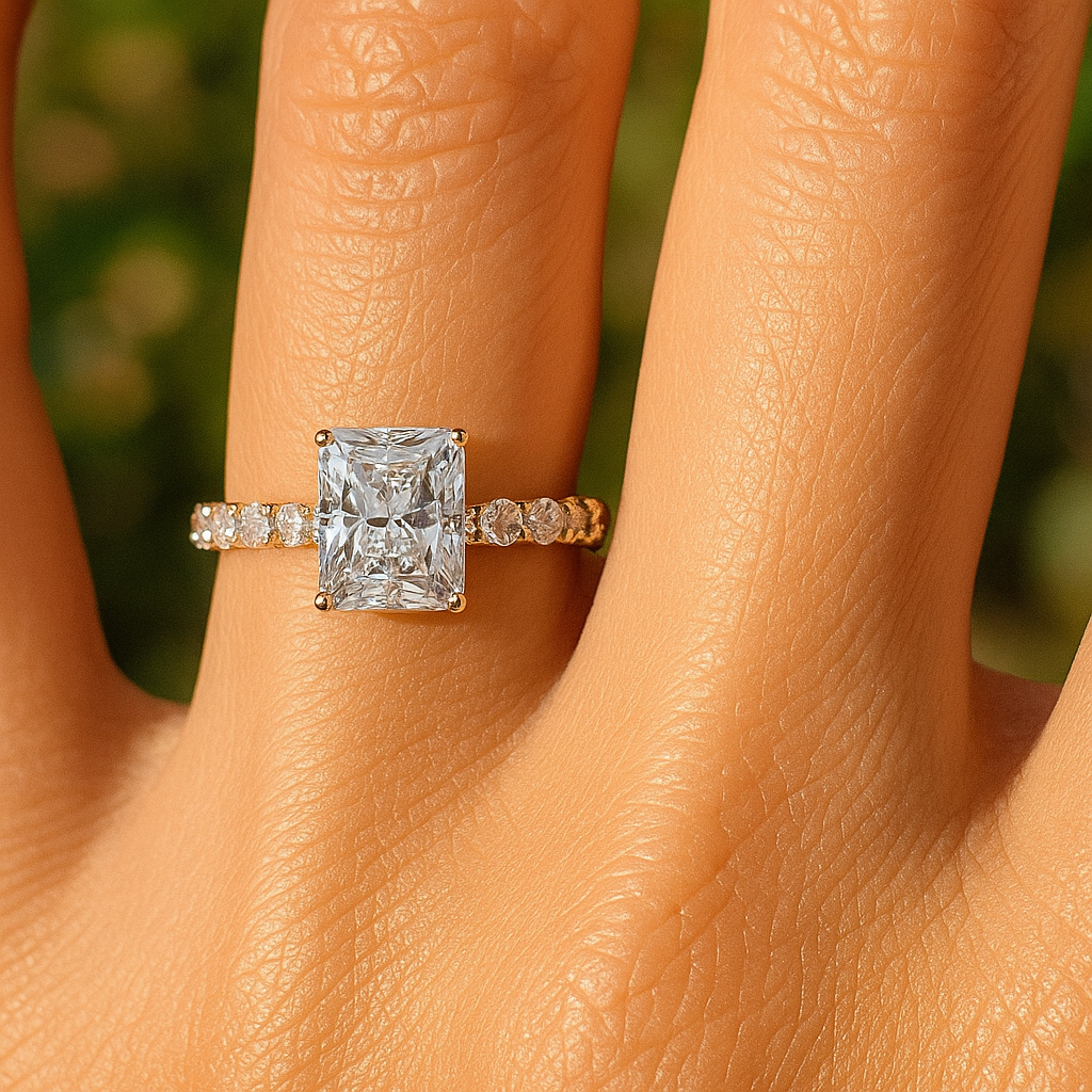 2.50 Ct Radiant Cut Diamond Engagement Ring with 1.00 Ct Side Stones – IGI Certified | Luxury Gold & Silver Ring