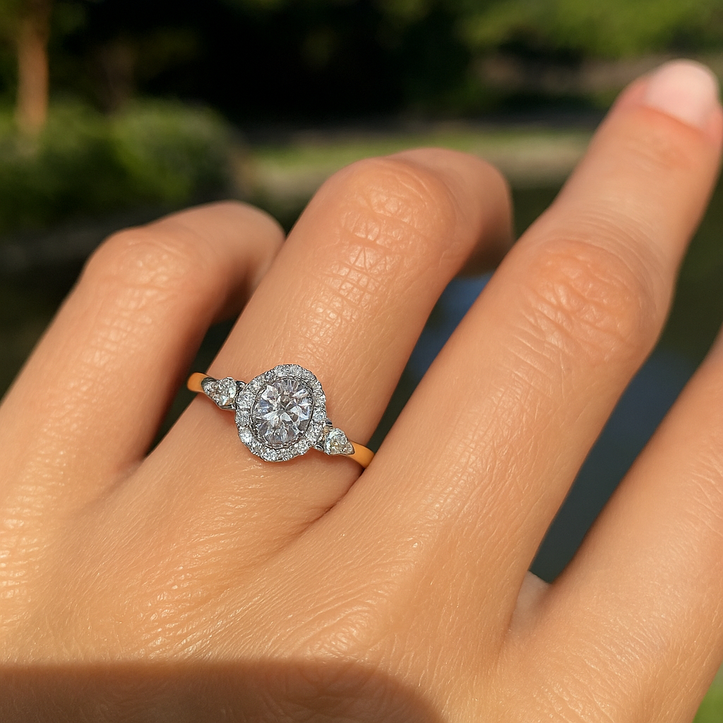 1.00 Ct Oval Diamond Halo Ring with Pear & Round Side Stones – IGI Certified | Luxury Gold & Silver Engagement Ring