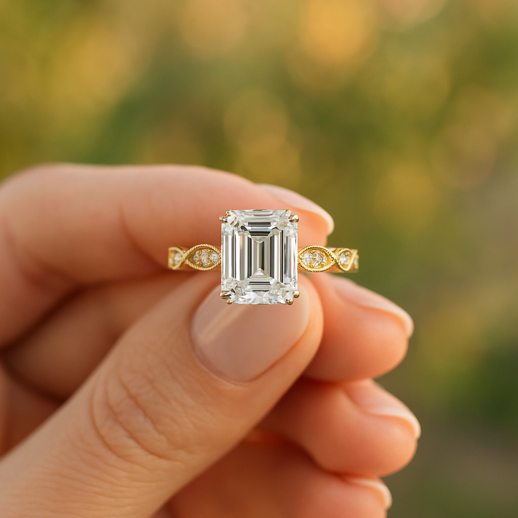 2.50 Ct Emerald Cut Diamond Engagement Ring Vintage Band | IGI Certified