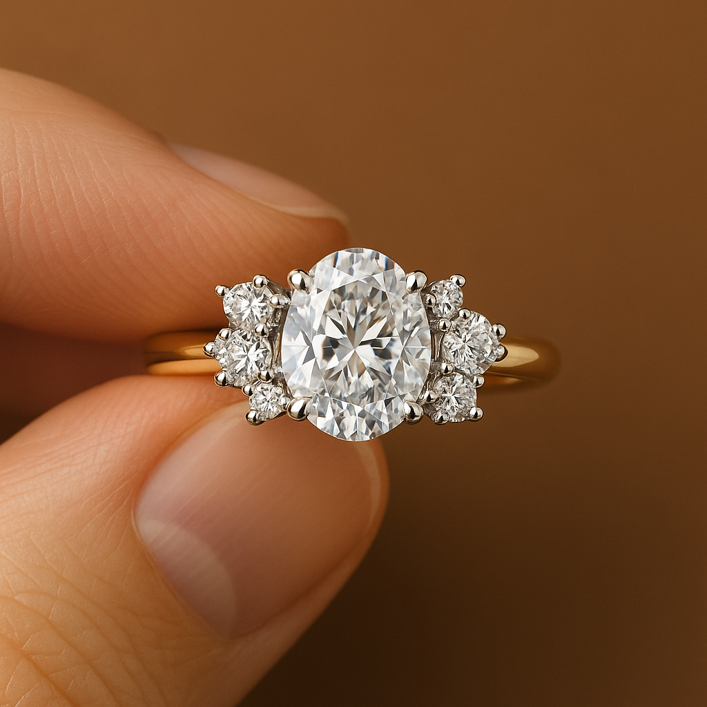 Oval Cut Diamond Cluster Engagement Ring with Round Side Stones – IGI Certified