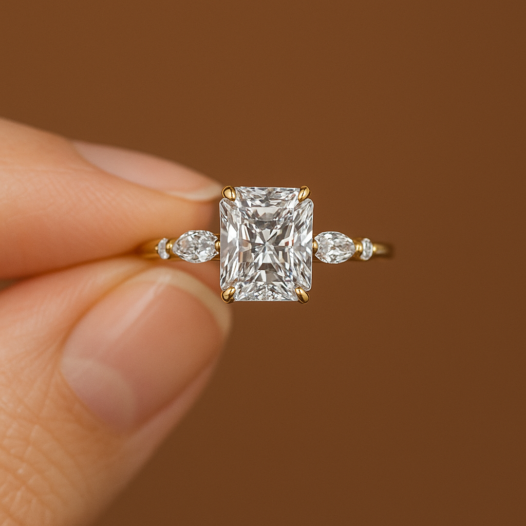 2.00 Ct Radiant Cut Diamond Ring with Marquise & Round Side Stones – IGI Certified