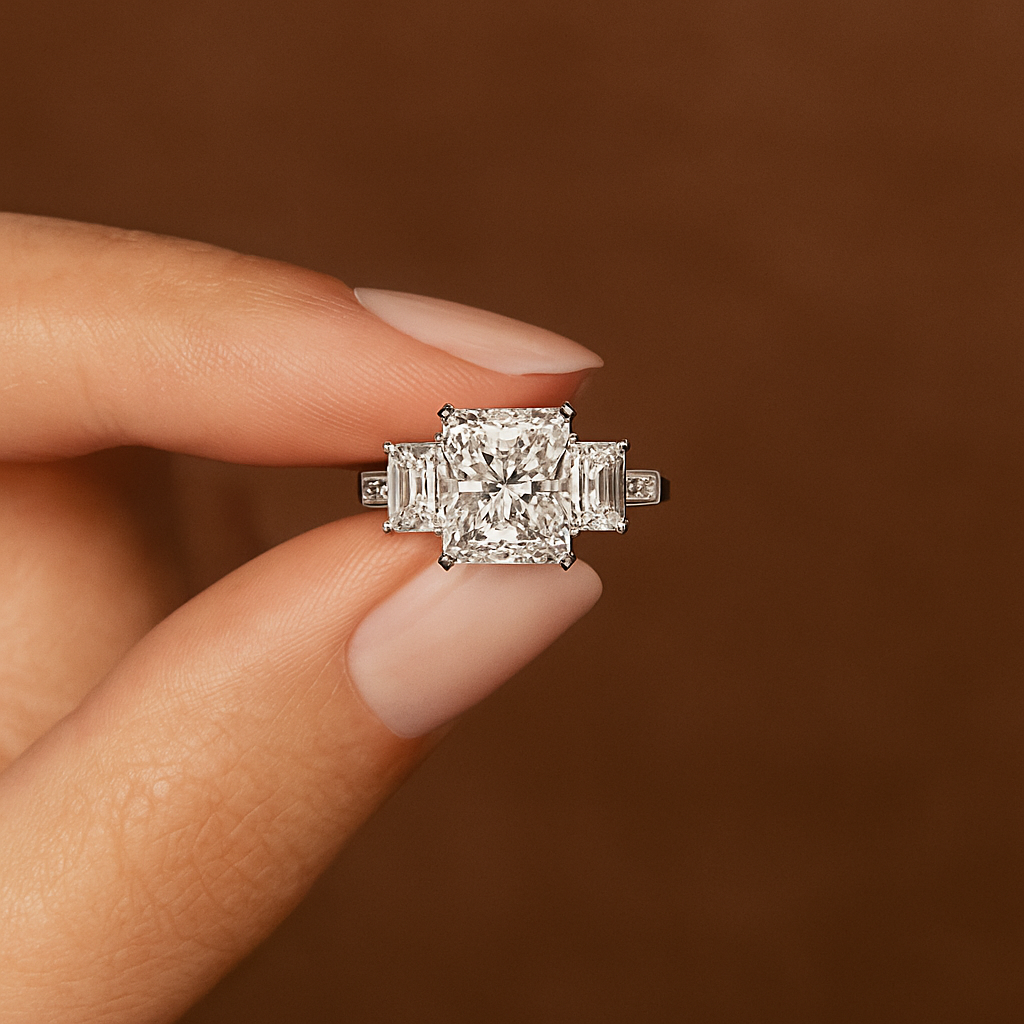 4.00 Ct Radiant Cut Five-Diamond Ring with Side Radiants & Baguette Accents – IGI Certified | Luxury Gold & Silver