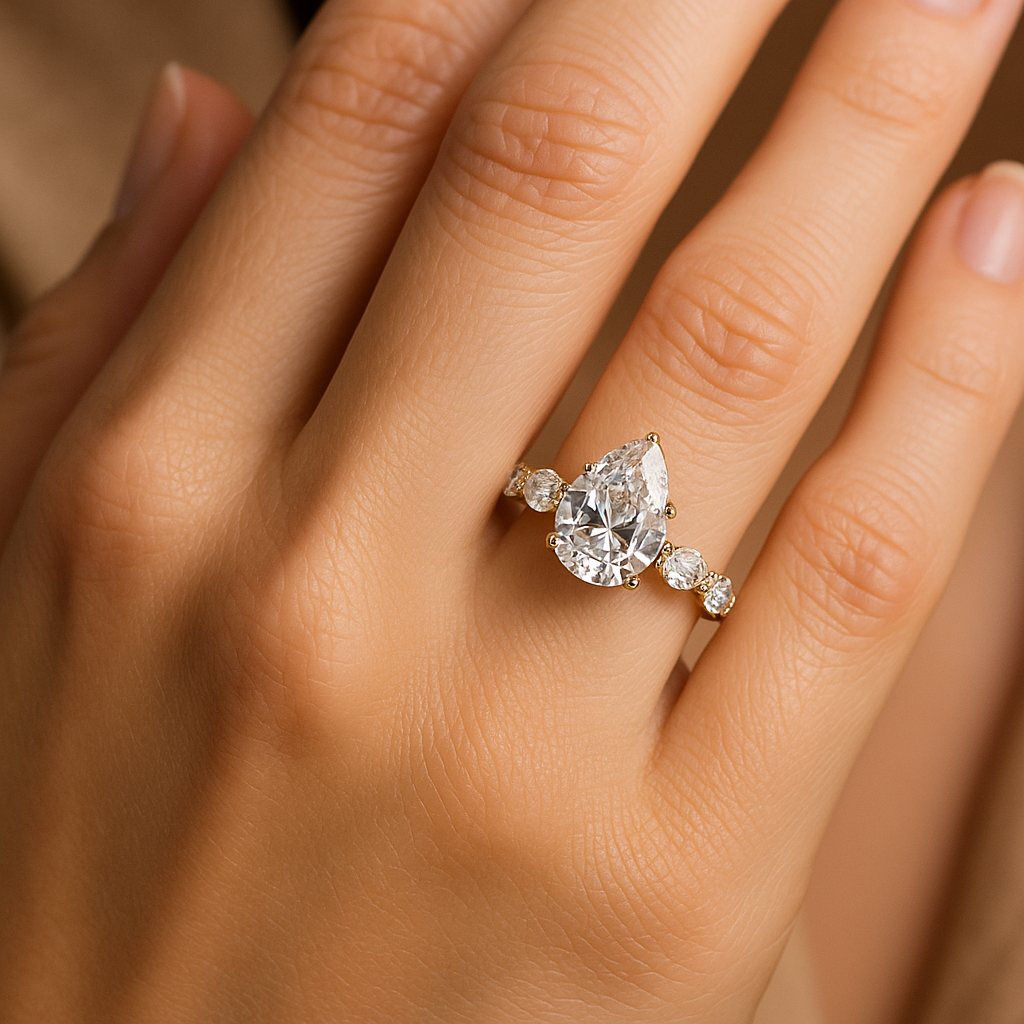0.90 Ct Pear Cut Diamond Engagement Ring with Marquise & Round Side Stones – IGI Certified